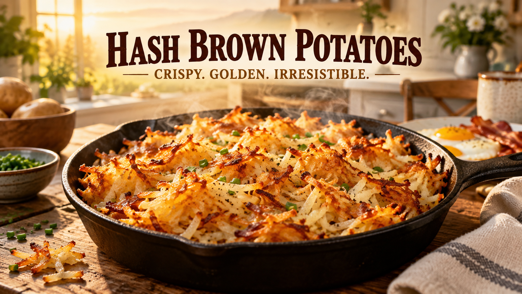 Golden hash browns sizzling in a cast-iron skillet in a warm kitchen
